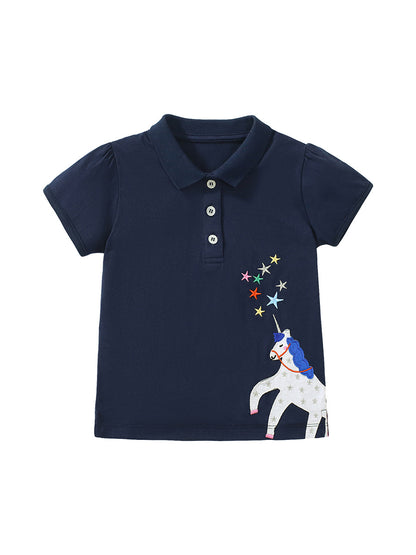 Baby Kids Girls Cartoon Unicorn Pattern Short Sleeves Polo Shirt