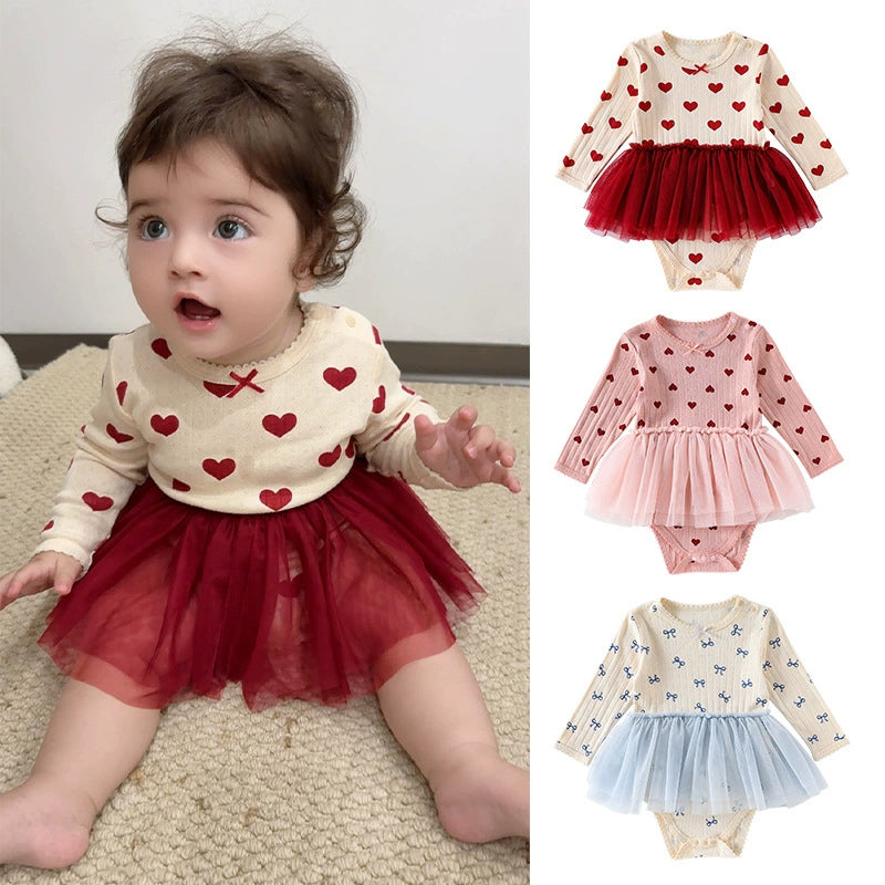 Autumn Arrival Baby Girls Long Sleeves Hearts Pattern Tulle Decorated Onesies, MyKids-USA®, Bodysuits, MyKids-USA -  -  -  -  -  -  - 