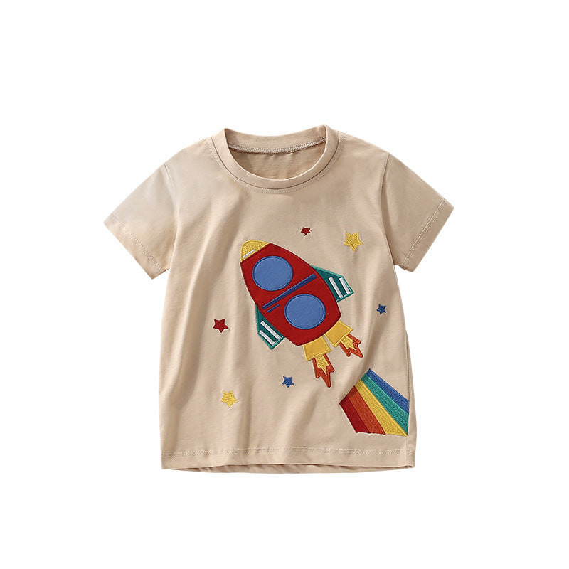 Summer Arrival Boys’ Rocket and Stars Cartoon Pattern T-shirt in European and American Style, MyKids-USA®, Baby & Toddler Tops, MyKids-USA - Size/Age - 100 (2-3Y) - Color - Khaki -  -  - TR2506191647-A