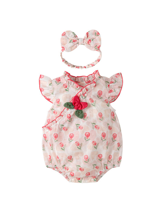 Summer Design Baby Girls Red Rose Flowers Pattern Fly Sleeves Ruffle Neck Sweet Cute Onesies, MyKids-USA®, Baby One-Pieces, MyKids-USA - Size/Age - 66 (3-6M) - Color - Red -  -  - TR2406052223-A