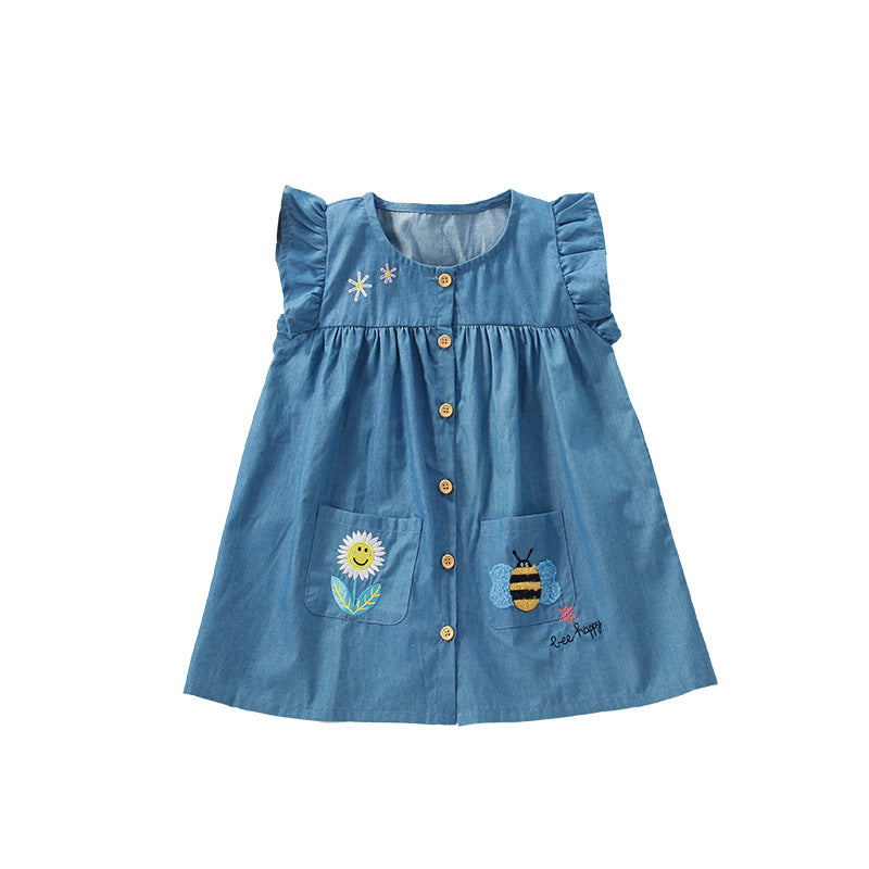 Summer Arrival Cartoon Animals and Flower Embroidered Pattern Fly Sleevels Single Breasted Dress for Stylish Girls, MyKids-USA®, Baby & Toddler Dresses, MyKids-USA - Size/Age - 100 (2-3Y) - Color - Blue -  -  - TR2506291706-A