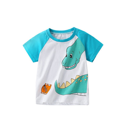 Summer Boys’ Dinosaur Cartoon Pattern Color Patchwork T-shirt in European and American Style, MyKids-USA®, Baby & Toddler Tops, MyKids-USA - Size/Age - 100 (2-3Y) - Color - Blue -  -  - TR2505091805-A