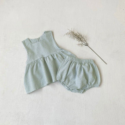 Summer Hot Selling Baby Kids Girls Sleeveless Square Neck Plaid Vest and Shorts Clothing Set, MyKids-USA®, Baby & Toddler Outfits, MyKids-USA - Size/Age - 66 (3-6M) - Color - Green -  -  - TR2506292032-B