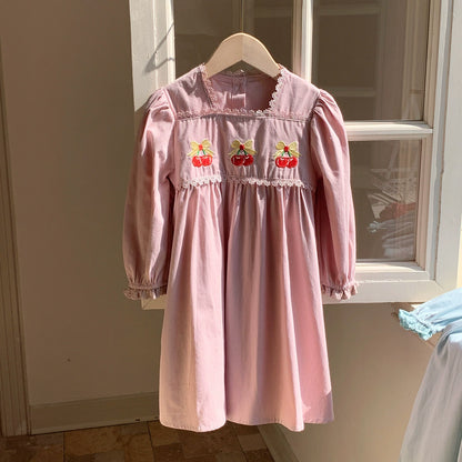 Autumn Arrival Baby Kids Girls Cherry Embroidered Pattern Long Sleeves Dress, MyKids-USA®, Baby & Toddler Dresses, MyKids-USA - Size/Age - 90 (12-24M) - Color - Pink -  -  - TR2508312336-B