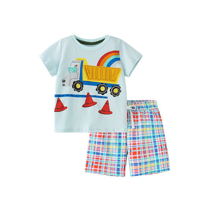 Baby Boy Car Print Pattern Blue Crewneck Summer Clothing Sets