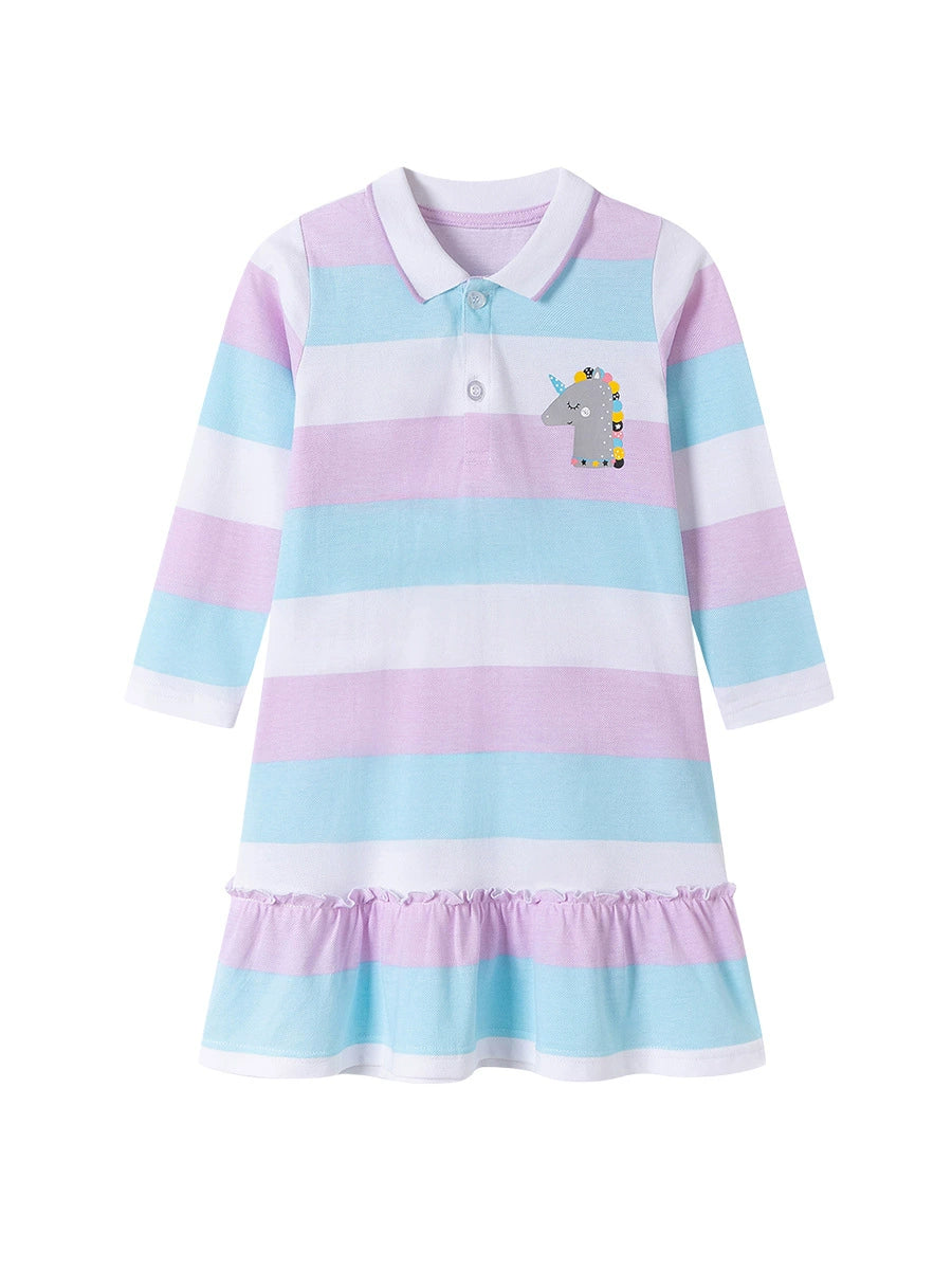 Autumn and Spring Arrival Unicorn Cartoon and Striped Pattern Long Sleeves Dress with Turn-down Collar for Stylish Girls, MyKids-USA®, Baby & Toddler Dresses, MyKids-USA -  -  -  -  -  -  - 