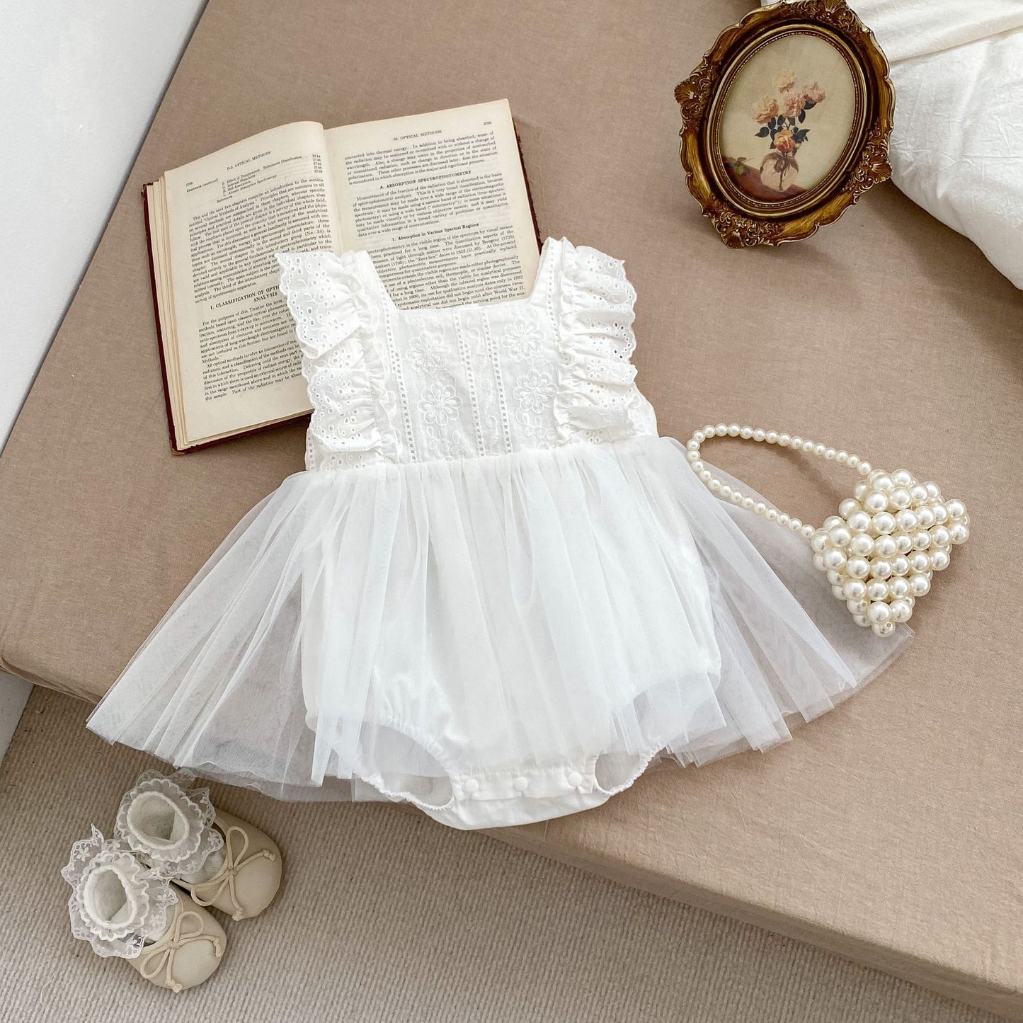 Summer Girls Flower-Embroidered And Hollow Out Strap White Onesies Dress