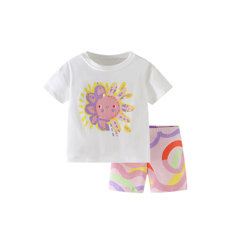 Summer Baby Kids Cartoon Sunshine Pattern T-shirt and Striped Shorts Clothing Set for Girls, MyKids-USA®, Baby & Toddler Outfits, MyKids-USA - Size/Age - 100 (2-3Y) - Color - Pink -  -  - TR2505211728-A