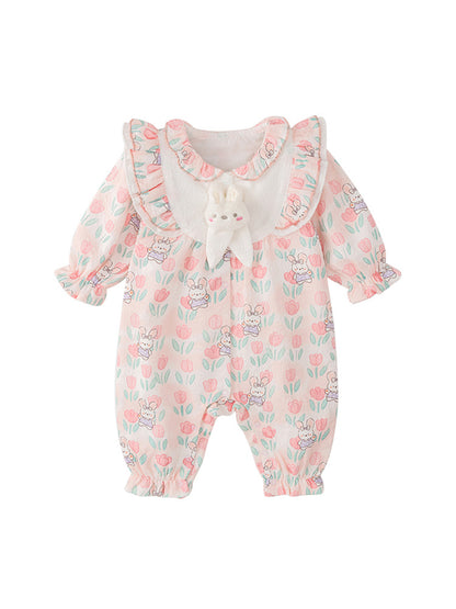 Autumn Arrival Baby Girls Flowers and Rabbits Pattern Single Breasted Romper with Cute Collar, MyKids-USA®, Baby One-Pieces, MyKids-USA - Size/Age - 66 (3-6M) - Color - Pink -  -  - TR2408062259-A