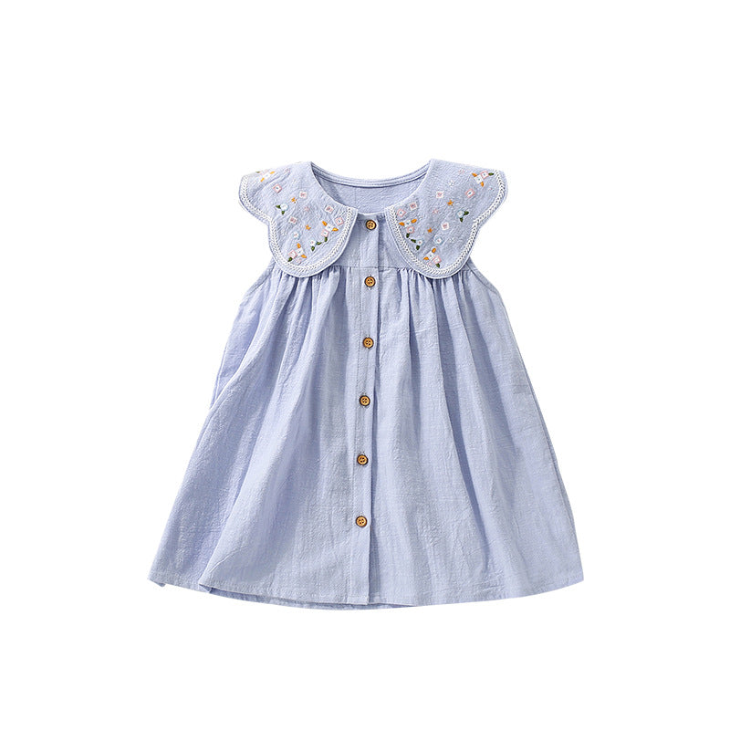 Summer Arrival Blue Single Breasted Sleeveless Dress with Embroidered Collar for Stylish Girls, MyKids-USA®, Baby & Toddler Dresses, MyKids-USA - Size/Age - 100 (2-3Y) - Color - Blue -  -  - TR2506101658-A