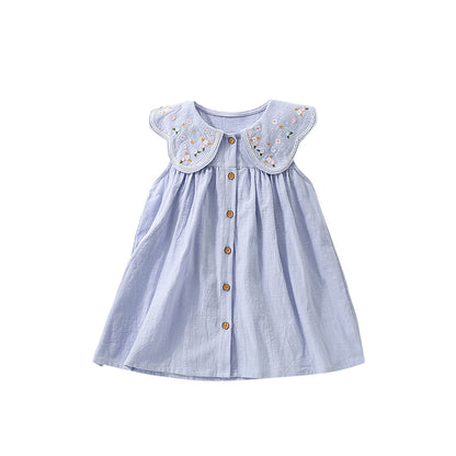 Summer Arrival Blue Single Breasted Sleeveless Dress with Embroidered Collar for Stylish Girls, MyKids-USA®, Baby & Toddler Dresses, MyKids-USA - Size/Age - 100 (2-3Y) - Color - Blue -  -  - TR2506101658-A