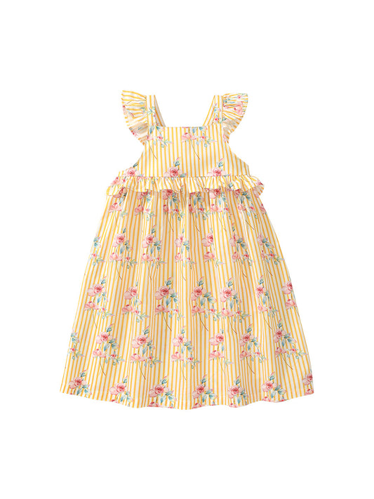 New Design Summer Girls Sleeveless Flowers Print Yellow Striped Strap Dress