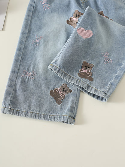 MyKids-USA® Arrival Autumn Girls Teddy Bear and Heart Pattern Jeans