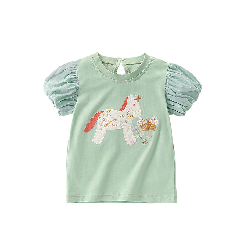 Summer Girls’ Pony and Flowers Pattern T-shirt in European and American Style, MyKids-USA®, Baby & Toddler Tops, MyKids-USA - Size/Age - 100 (2-3Y) - Color - Green -  -  - TR2506121617-A