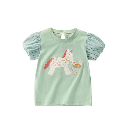 Summer Girls’ Pony and Flowers Pattern T-shirt in European and American Style, MyKids-USA®, Baby & Toddler Tops, MyKids-USA - Size/Age - 100 (2-3Y) - Color - Green -  -  - TR2506121617-A