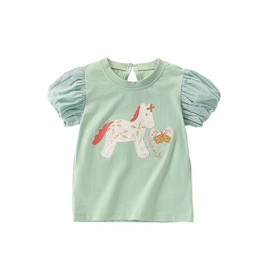 Summer Girls’ Pony and Flowers Pattern T-shirt in European and American Style, MyKids-USA®, Baby & Toddler Tops, MyKids-USA - Size/Age - 100 (2-3Y) - Color - Green -  -  - TR2506121617-A