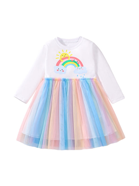 Design Autumn Girls Cartoon Rainbow And Clouds Pattern Crew Neck Long Sleeves Colorful Tulle Patchwork Dress, MyKids-USA®, Baby & Toddler Dresses, MyKids-USA -  -  -  -  -  -  - 