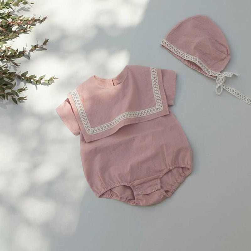 Design Summer Baby Kids Short Sleeves Color Patchwork Bodysuit with Hat
