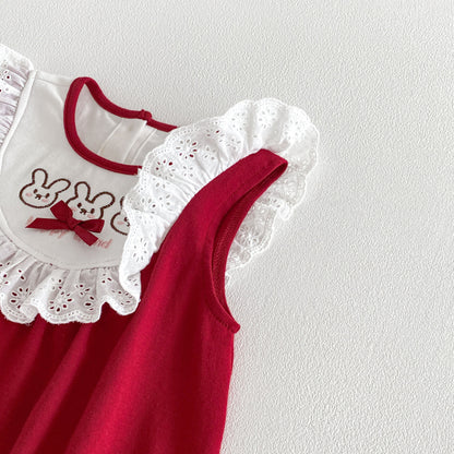 Design Summer Baby Kids Girls Sleeveless Lace Trim Color Patchwork Bodysuit