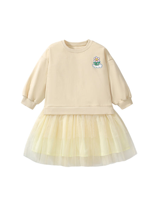 Design Autumn Girls Sunflower Pattern Logo Crew Neck Long Sleeves Tulle Patchwork Dress, MyKids-USA®, Baby & Toddler Dresses, MyKids-USA - Size/Age - 90 (12-24M) - Color - Apricot -  -  - TR2407102244-A