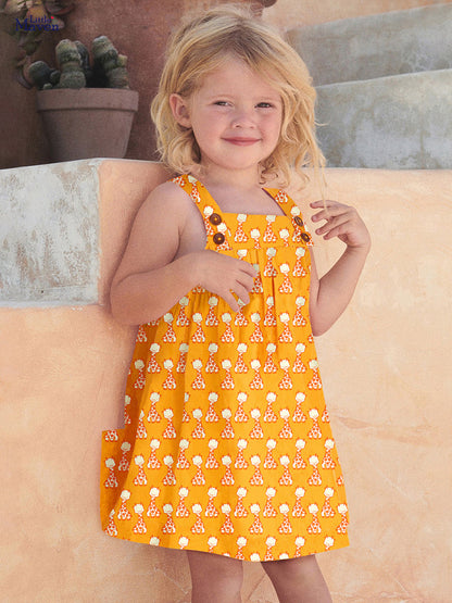 New Design Summer Girls Sleeveless Giraffe Print Yellow Strap Dress