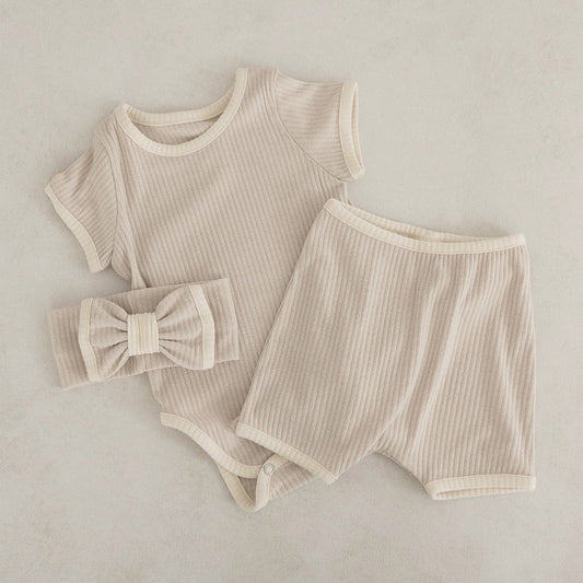 Baby Unisex Solid Color Comfy Cotton bodysuit & Shorts Sets With Headband, MyKids-USA®, Baby & Toddler Outfits, MyKids-USA - Size/Age - 66 (3-6M) - Color - Apricot -  -  - JM2306181448-A.