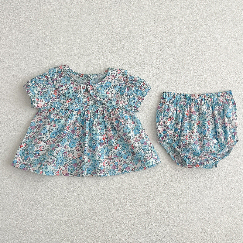 Summer Baby Kids Girls Floral Print Short Sleeves Top And Bloomers, MyKids-USA®, Baby & Toddler Outfits, MyKids-USA - Size/Age - 66 (3-6M) - Color - Blue -  -  - TR2404071427-A