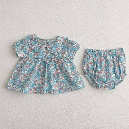 Summer Baby Kids Girls Floral Print Short Sleeves Top And Bloomers, MyKids-USA®, Baby & Toddler Outfits, MyKids-USA - Size/Age - 66 (3-6M) - Color - Blue -  -  - TR2404071427-A