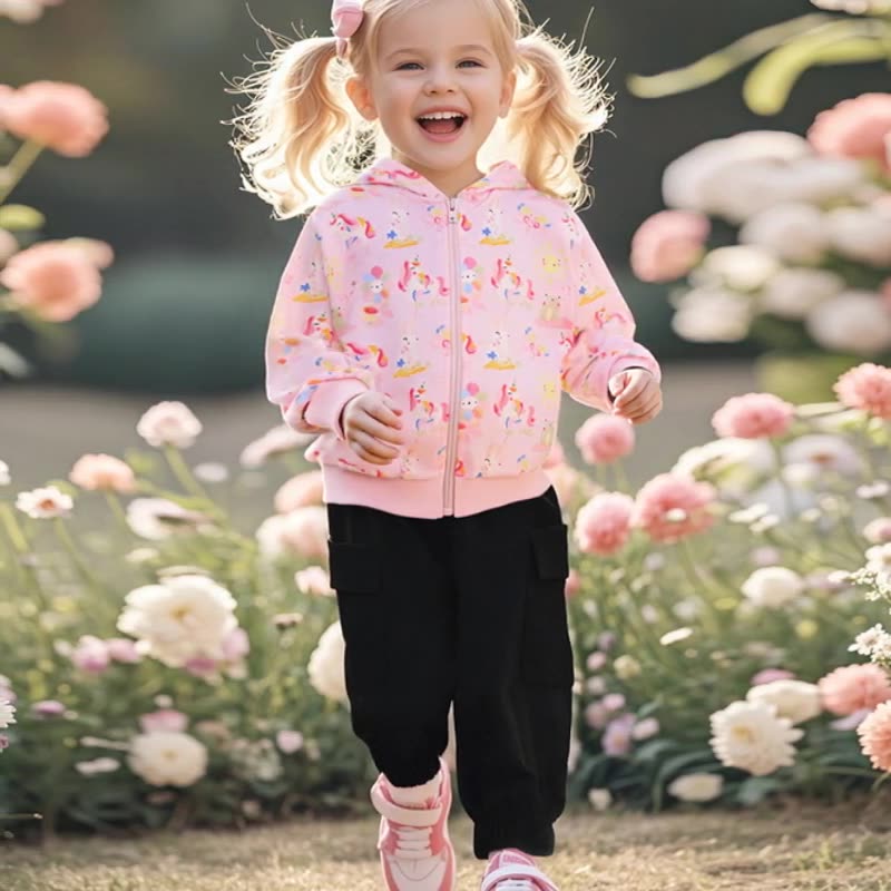 Spring and Autumn Girls Unicorn and Flowers Cartoon Pattern Long Sleeves Zip-up Coat, MyKids-USA®, Baby & Toddler Coats & Jackets, MyKids-USA - Size/Age - 90 (12-24M) - Color - Pink -  -  - TR2507112018-A