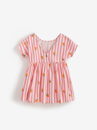 Summer Hot Selling Cute Fruits and Striped Pattern Short Sleeves Dress for Stylish Girls