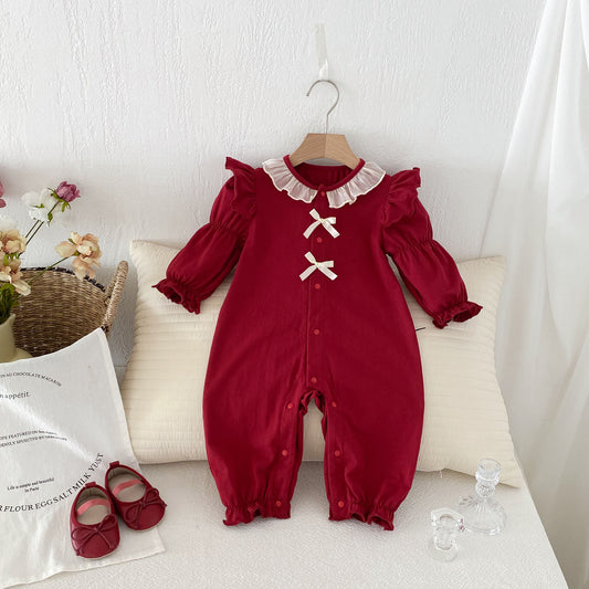 Autumn Arrival Baby Girls Long Sleeves Single Breasted Red Romper Bodysuits, MyKids-USA®, Baby One-Pieces, MyKids-USA -  -  -  -  -  -  - 