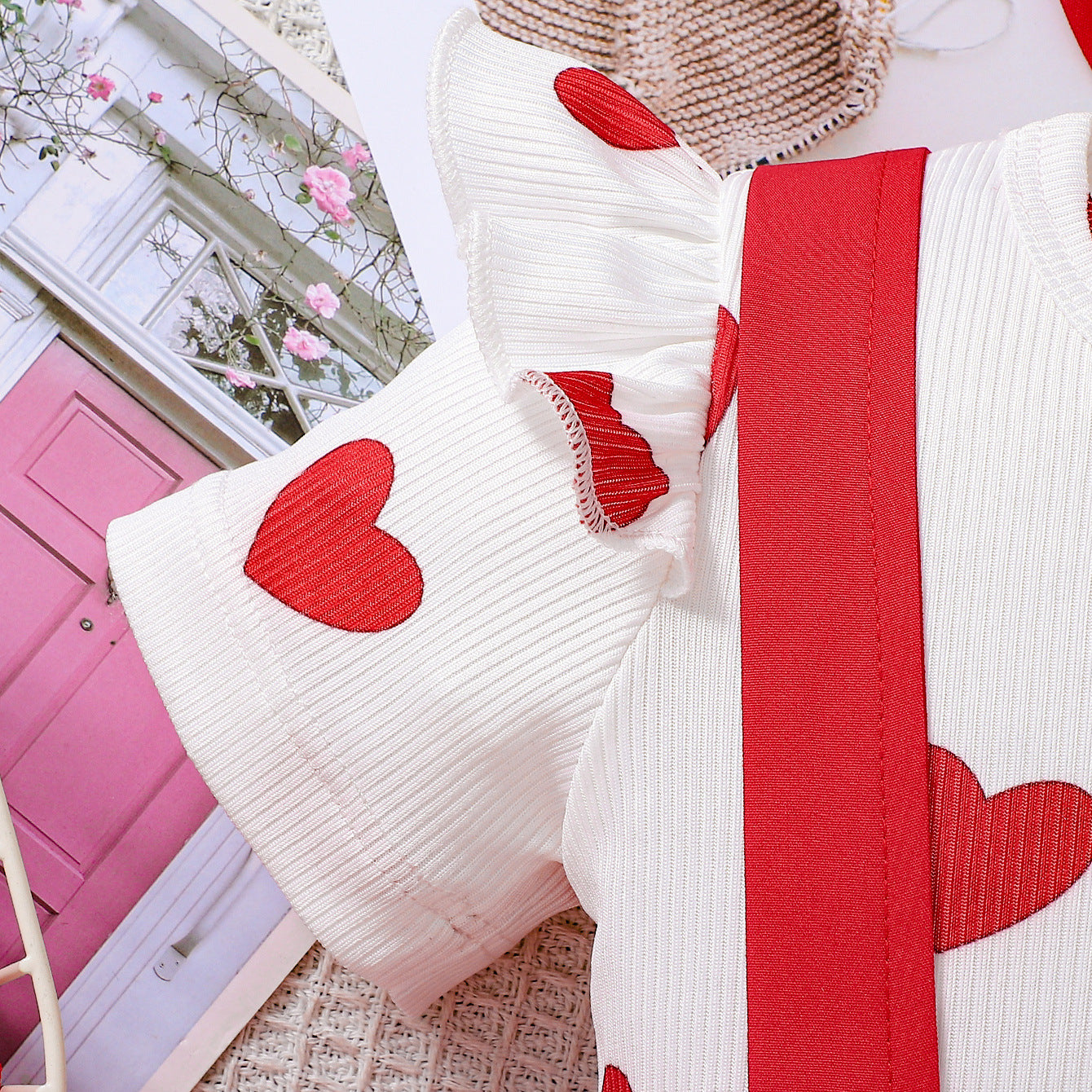 Design Summer Baby Kids Girls Short Sleeves Hearts Pattern T-shirt with Red Overalls Set, MyKids-USA®, Baby & Children's Outfits, MyKids-USA -  -  -  -  -  -  - .