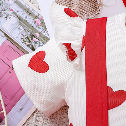Design Summer Baby Kids Girls Short Sleeves Hearts Pattern T-shirt with Red Overalls Set, MyKids-USA®, Baby & Children's Outfits, MyKids-USA -  -  -  -  -  -  - .
