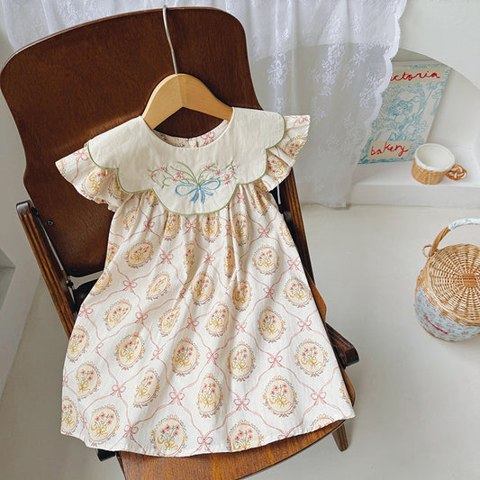New Design Summer Kids Girls Vintage Floral Print And Embroidery Fly Sleeves Dress