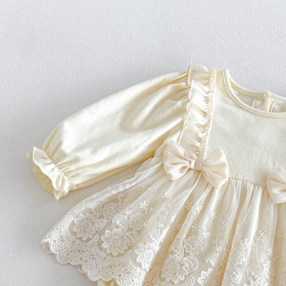 MyKids-USA® Autumn Arrival Baby Girls Long Sleeves Lace Trim Embroidered Pattern Bodysuit Dress