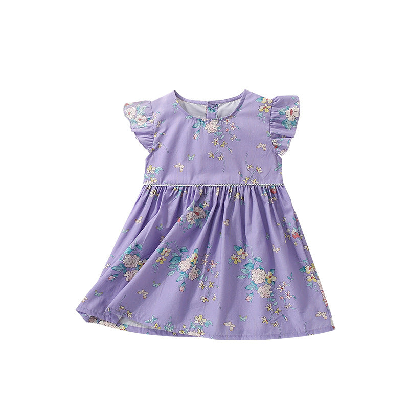 Summer Arrival Cute Flowers Pattern Fly Sleeves Crew Neck Dress for Stylish Girls, MyKids-USA®, Baby & Toddler Dresses, MyKids-USA - Size/Age - 100 (2-3Y) - Color - Purple -  -  - TR2505112109-A