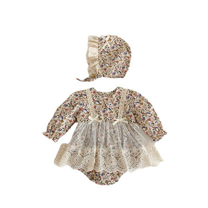 Spring/Autumn Baby Girls Floral And Fruits Print Lace Mesh Princess Onesie Dress