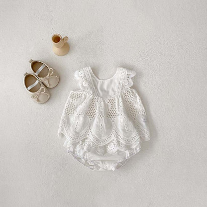 Summer Hot Selling Baby Girls Sleeveless Solid Color Hollow Out Design Strap Top Dress And Bloomers Clothing Set