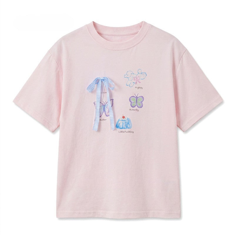 Summer Girls’ Cartoon and Letters Pattern Casual T-shirt in European and American Style