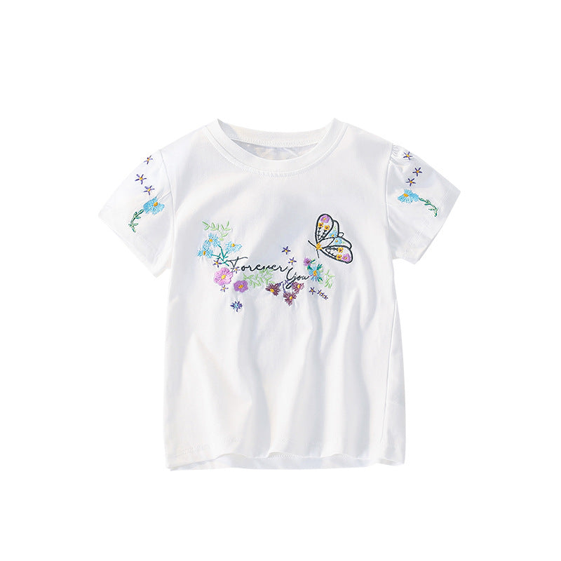 Summer Girls’ Butterfly and Flowers Pattern Decorated T-shirt in European and American Style, MyKids-USA®, Baby & Toddler Tops, MyKids-USA - Size/Age - 100 (2-3Y) - Color - Beige -  -  - TR2505282206-A