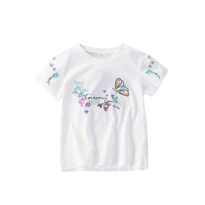 Summer Girls’ Butterfly and Flowers Pattern Decorated T-shirt in European and American Style, MyKids-USA®, Baby & Toddler Tops, MyKids-USA - Size/Age - 100 (2-3Y) - Color - Beige -  -  - TR2505282206-A