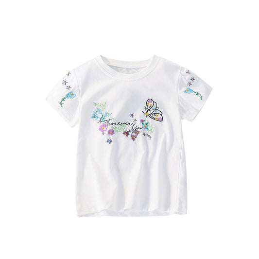 Summer Girls’ Butterfly and Flowers Pattern Decorated T-shirt in European and American Style, MyKids-USA®, Baby & Toddler Tops, MyKids-USA - Size/Age - 100 (2-3Y) - Color - Beige -  -  - TR2505282206-A