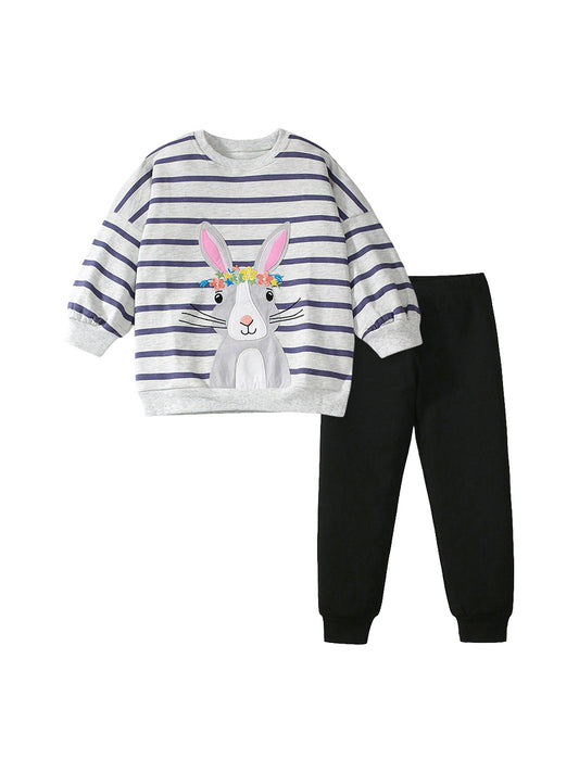 Spring and Autumn Girls Cartoon Rabbit and Striped Pattern Long Sleeves Crew Neck Top Sweatshirt and Pants Clothing Set, MyKids-USA®, Baby & Toddler Outfits, MyKids-USA -  -  -  -  -  -  - 