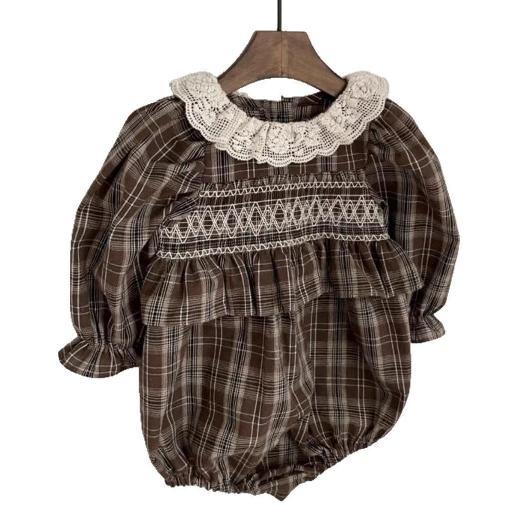 Autumn Arrival Baby Girls Long Sleeves Lace Trim Collar Plaid Bodysuit