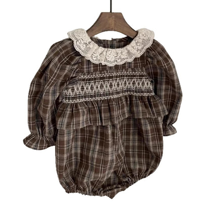 Autumn Arrival Baby Girls Long Sleeves Lace Trim Collar Plaid Bodysuit