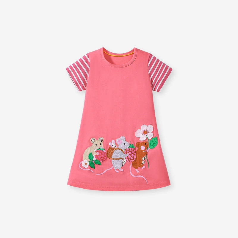 Summer Pure Cotton Animals Cartoon Pattern Short Sleeves Dress for Stylish Girls, MyKids-USA®, Baby & Toddler Dresses, MyKids-USA - Size/Age - 90 (12-24M) - Color - Red -  -  - TR2503022324-A
