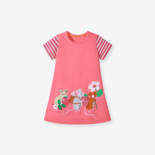 Summer Pure Cotton Animals Cartoon Pattern Short Sleeves Dress for Stylish Girls, MyKids-USA®, Baby & Toddler Dresses, MyKids-USA - Size/Age - 90 (12-24M) - Color - Red -  -  - TR2503022324-A