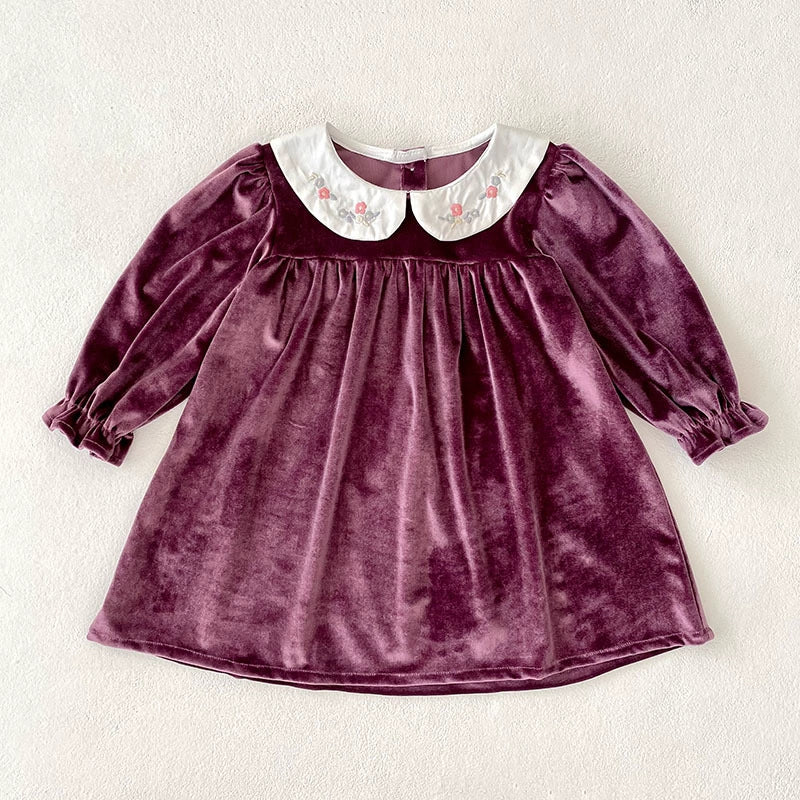 Autumn Baby Kids Girls Long Sleeves Velvet Dress with Embroidery Collar, MyKids-USA®, Baby & Toddler Dresses, MyKids-USA - Size/Age - 90 (12-24M) - Color - Purple -  -  - TR2506282323-B