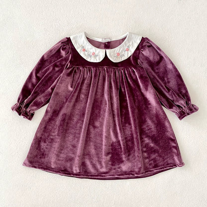 Autumn Baby Kids Girls Long Sleeves Velvet Dress with Embroidery Collar, MyKids-USA®, Baby & Toddler Dresses, MyKids-USA - Size/Age - 90 (12-24M) - Color - Purple -  -  - TR2506282323-B