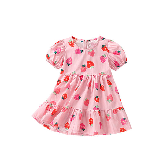 Summer Arrival Strawberry Pattern Short Sleeves Crew Neck Dress for Stylish Girls, MyKids-USA®, Baby & Toddler Dresses, MyKids-USA - Size/Age - 100 (2-3Y) - Color - Pink -  -  - TR2506242244-A